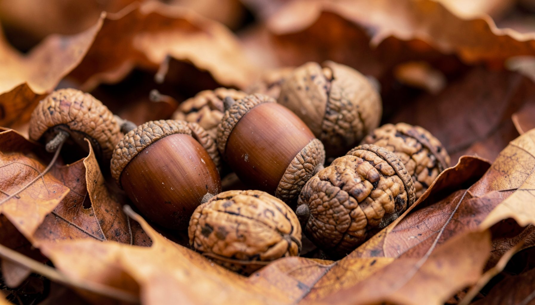 Close-up of acorns and walnuts nestled among dried autumn leaves, warm brown and amber tones