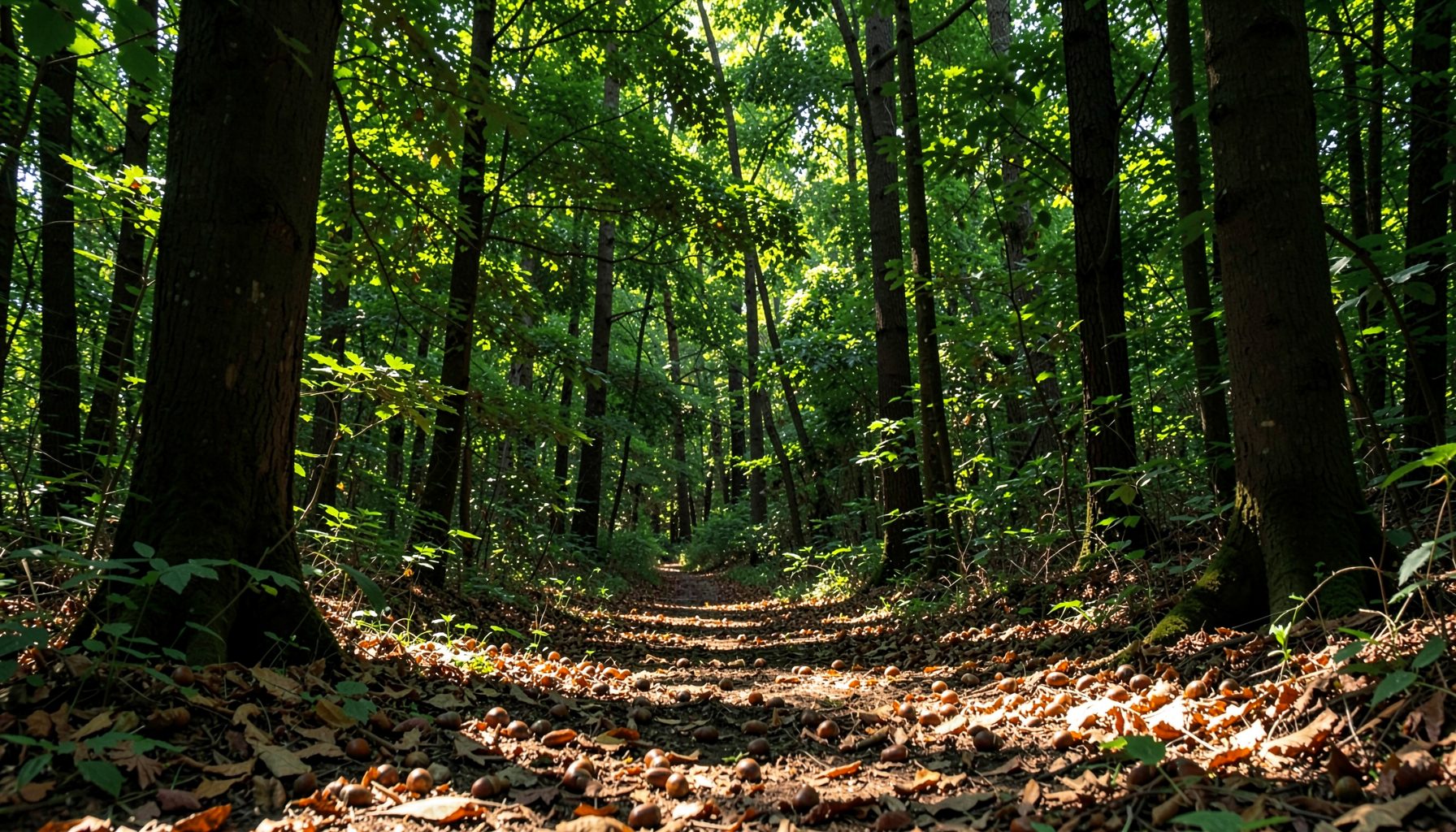 A forest path covered with fallen nuts and leaves, lined by tall trees with dappled sunlight; green and brown tones, tranquil trail mood