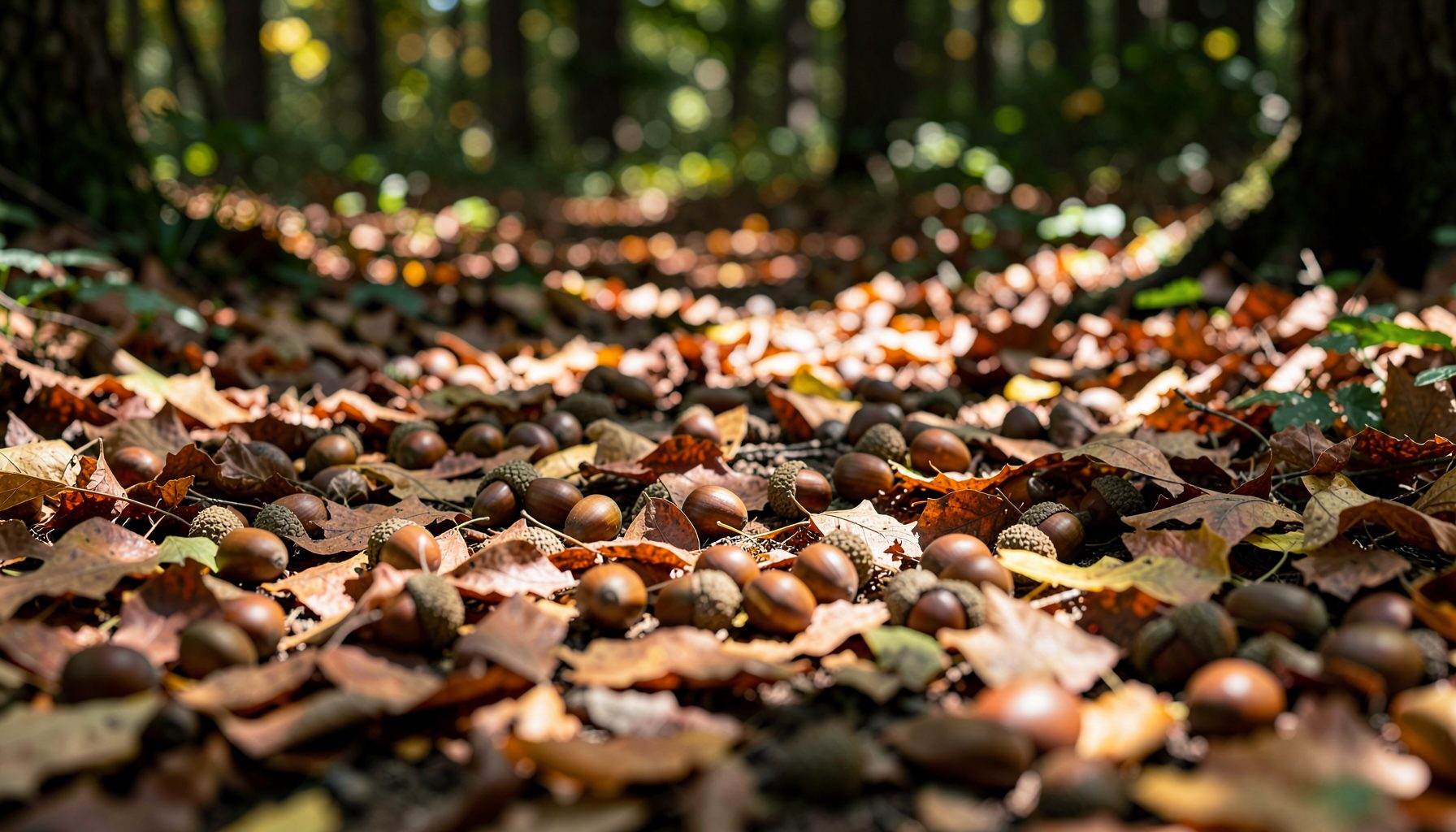 Close-up ground-level view of numerous acorns scattered among autumn leaves in a wooded area, brown and amber colors