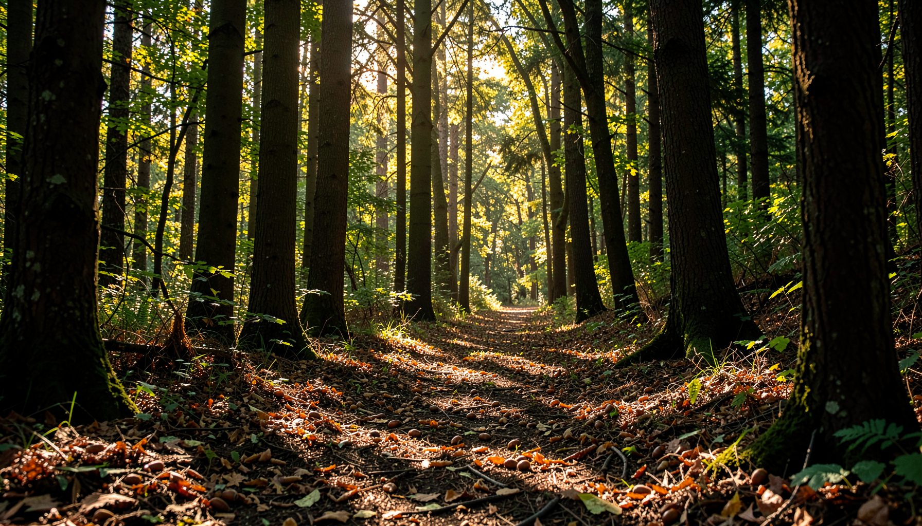 A sunlit forest trail scattered with acorns and orange leaves between tall tree trunks; warm green and gold tones, peaceful woodland atmosphere