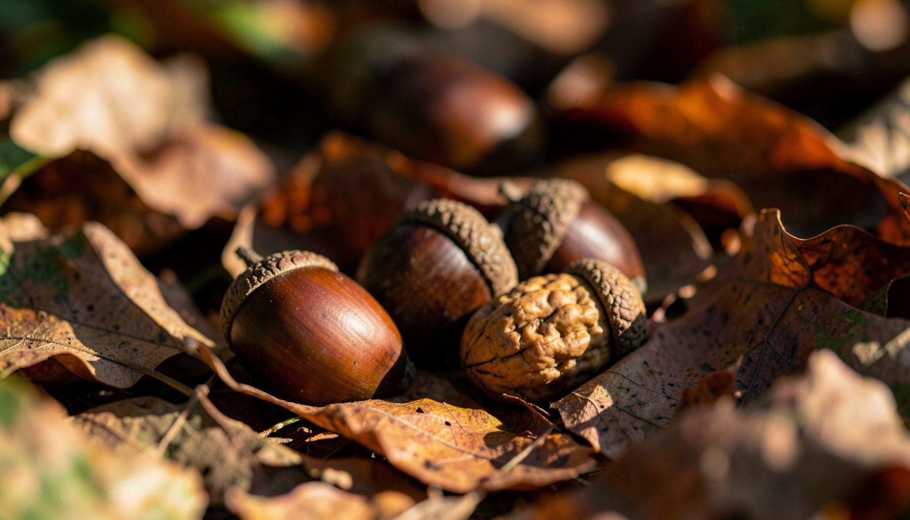 Close-up of acorns and a walnut nestled in dried autumn leaves in warm brown and amber tones