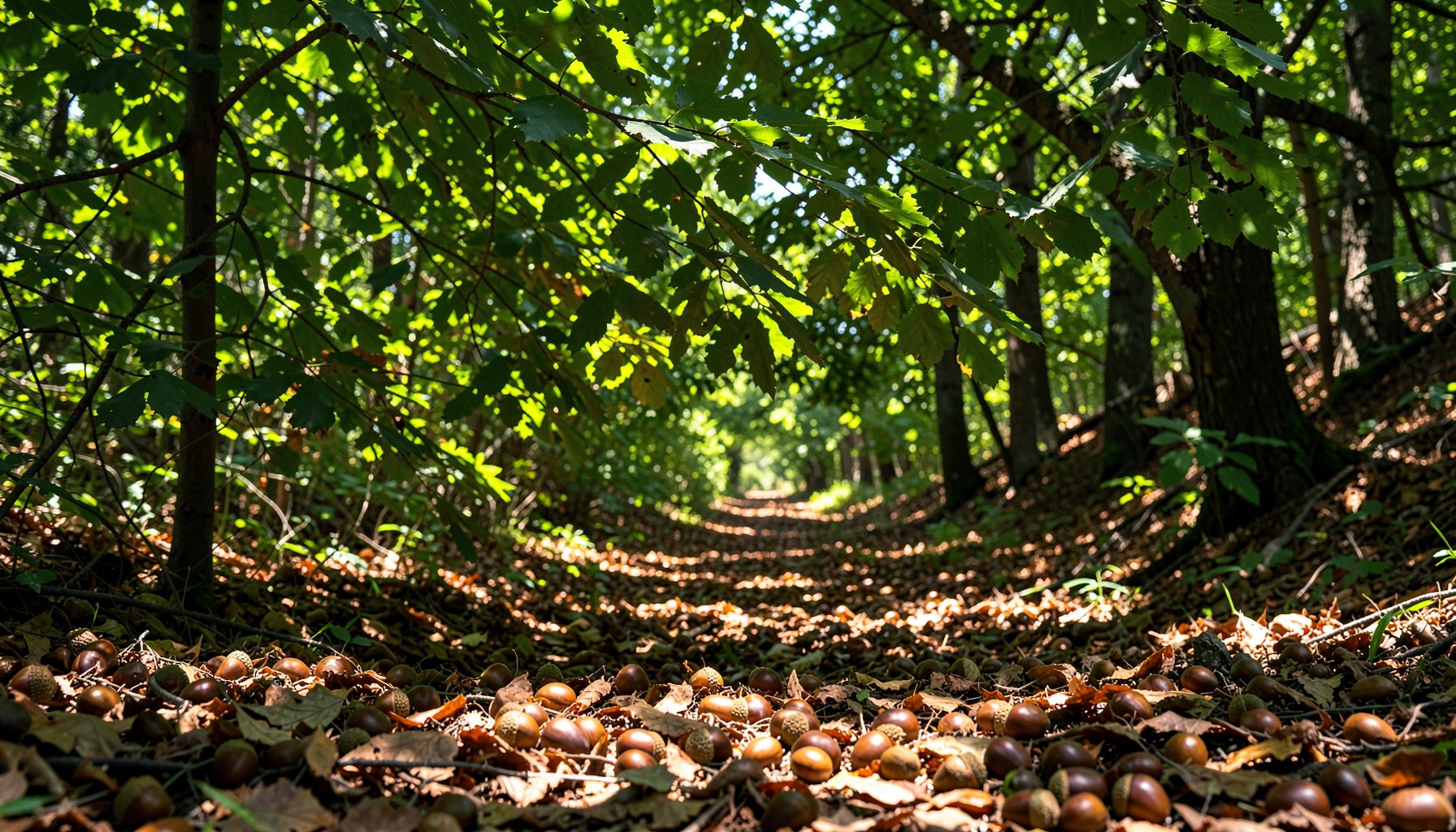Low angle view of a forest path covered in fallen acorns and leaves under a green canopy, earthy mood