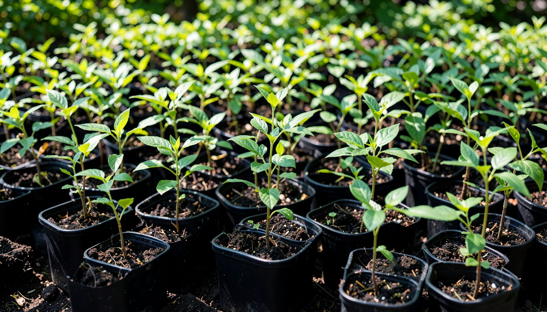 Rows of young green seedlings in black plastic pots, bright sunlit nursery setting, fresh and hopeful mood