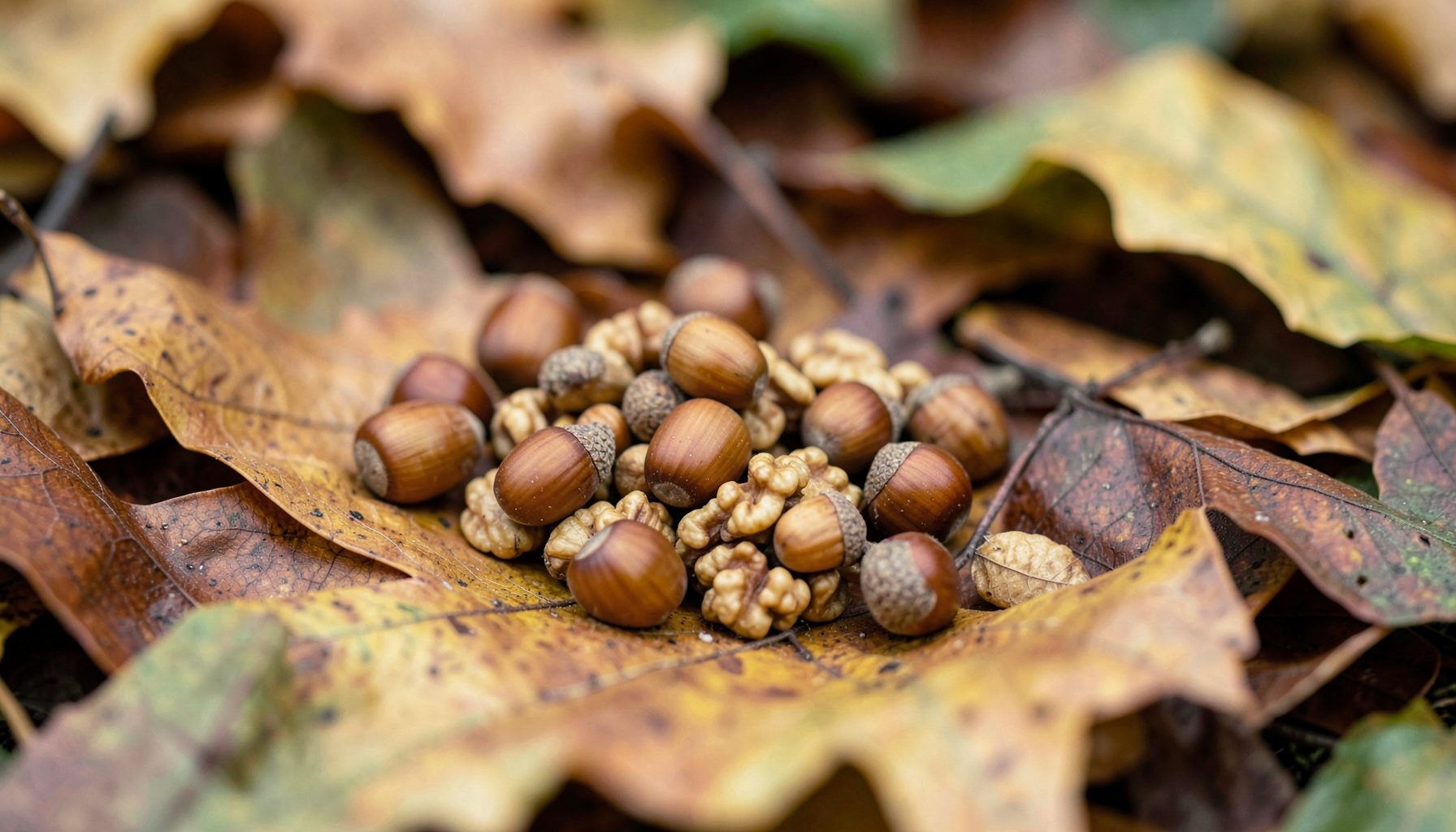 Close-up of acorns and walnuts piled on autumn leaves, brown and gold tones, cozy seasonal mood