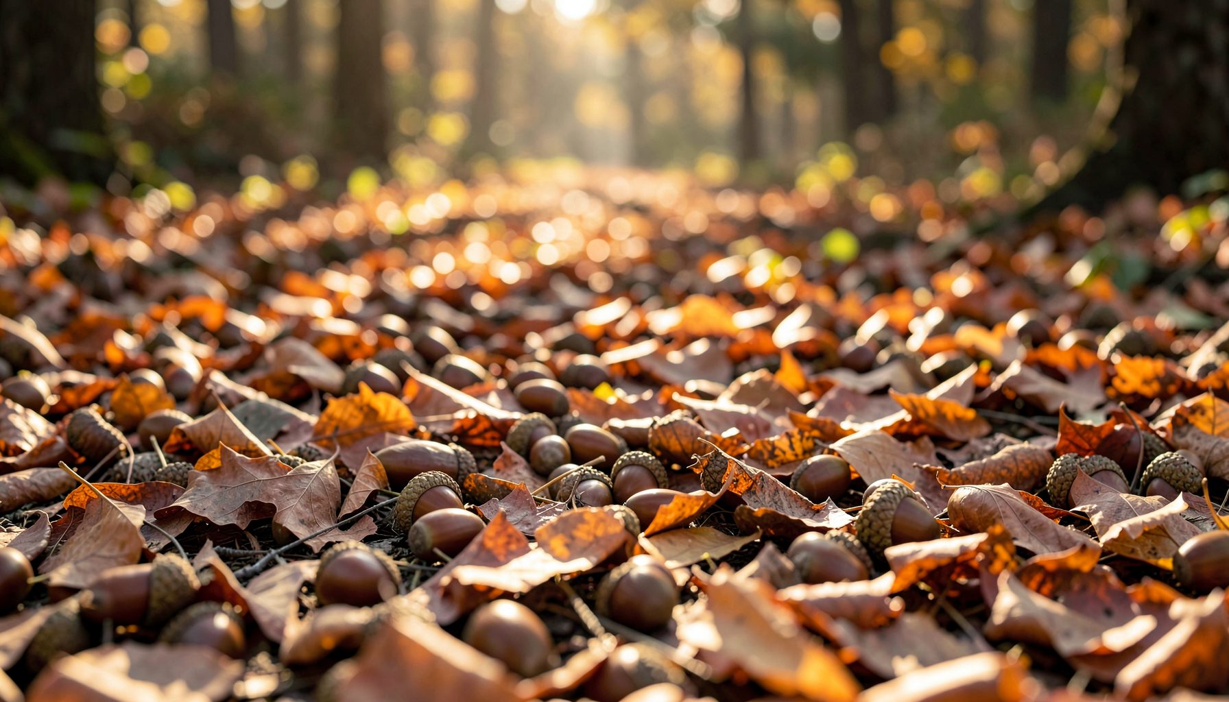 Sunlit forest floor covered in fallen acorns and autumn leaves, warm brown and gold tones, peaceful natural mood