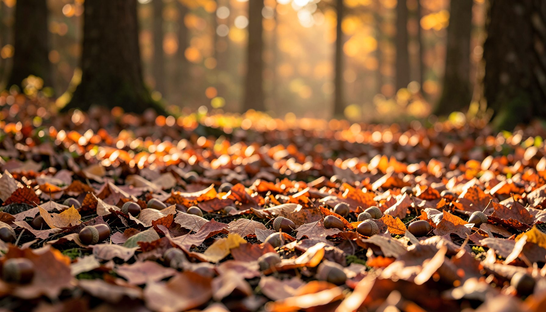 Sunlit forest floor covered in fallen autumn leaves and scattered acorns, warm orange and brown hues, tranquil seasonal mood