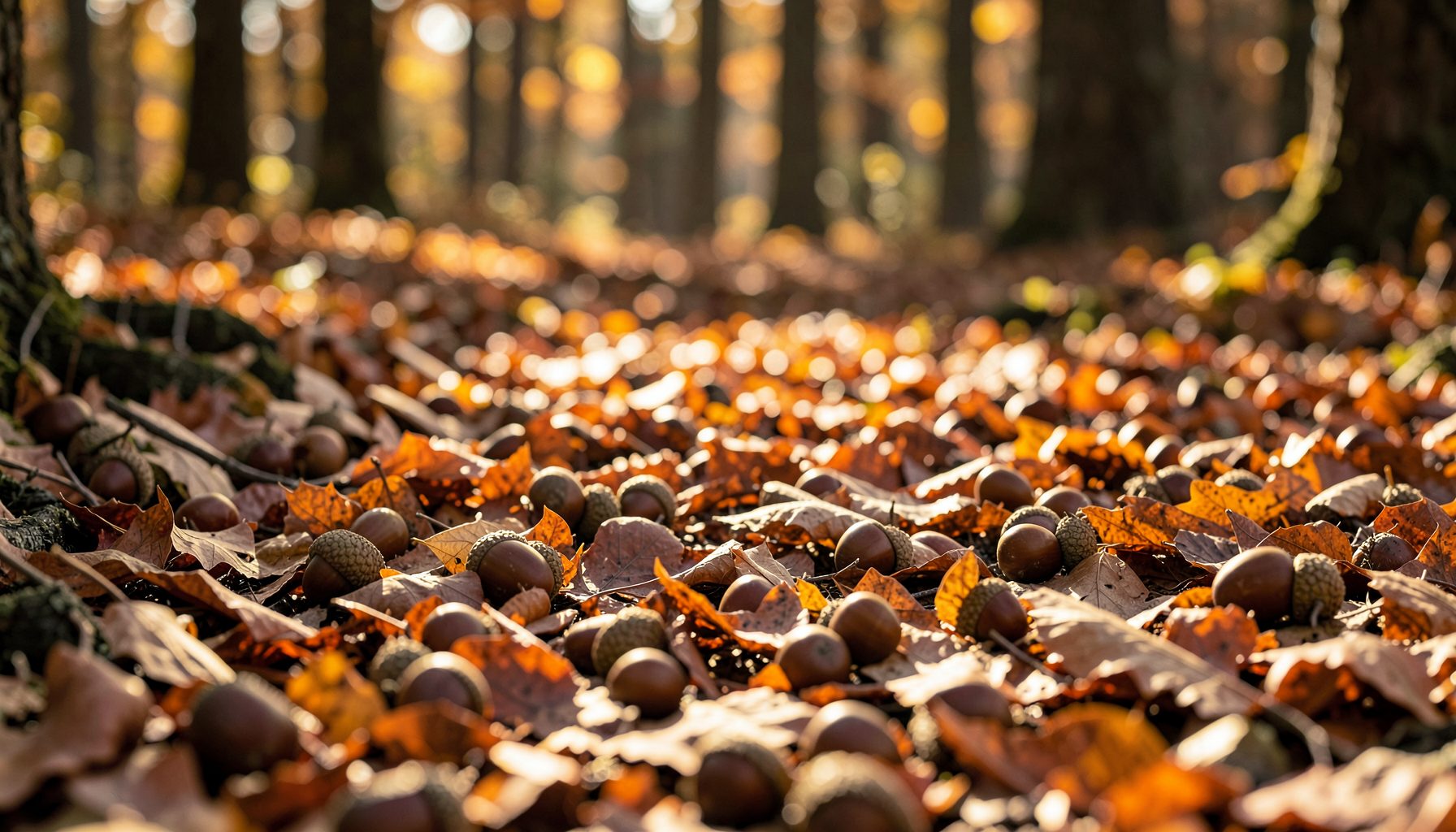 Sunlit forest floor covered with acorns and autumn leaves, warm brown and gold tones