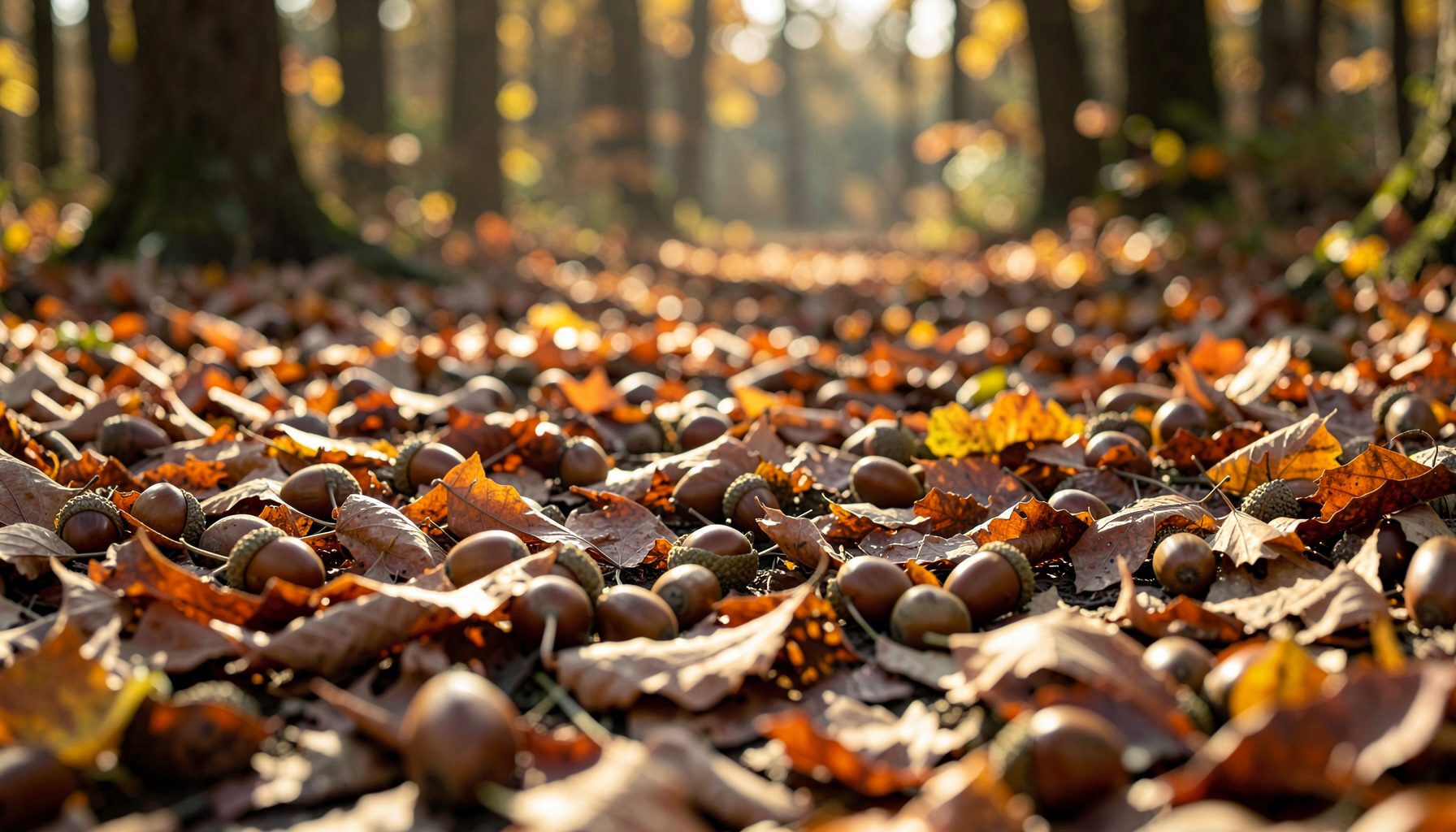 Sunlit forest floor covered with fallen acorns and autumn leaves, warm brown and gold tones