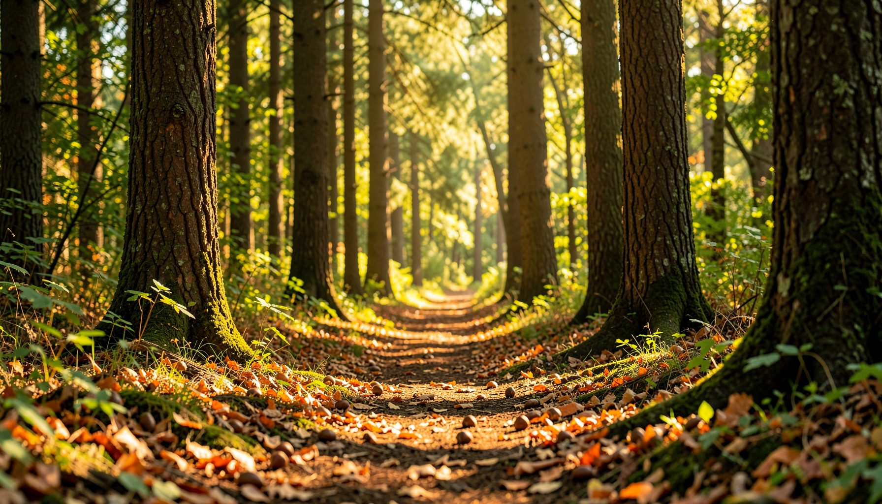 Sunlit forest trail scattered with acorns and orange leaves between tall tree trunks, warm green and gold tones