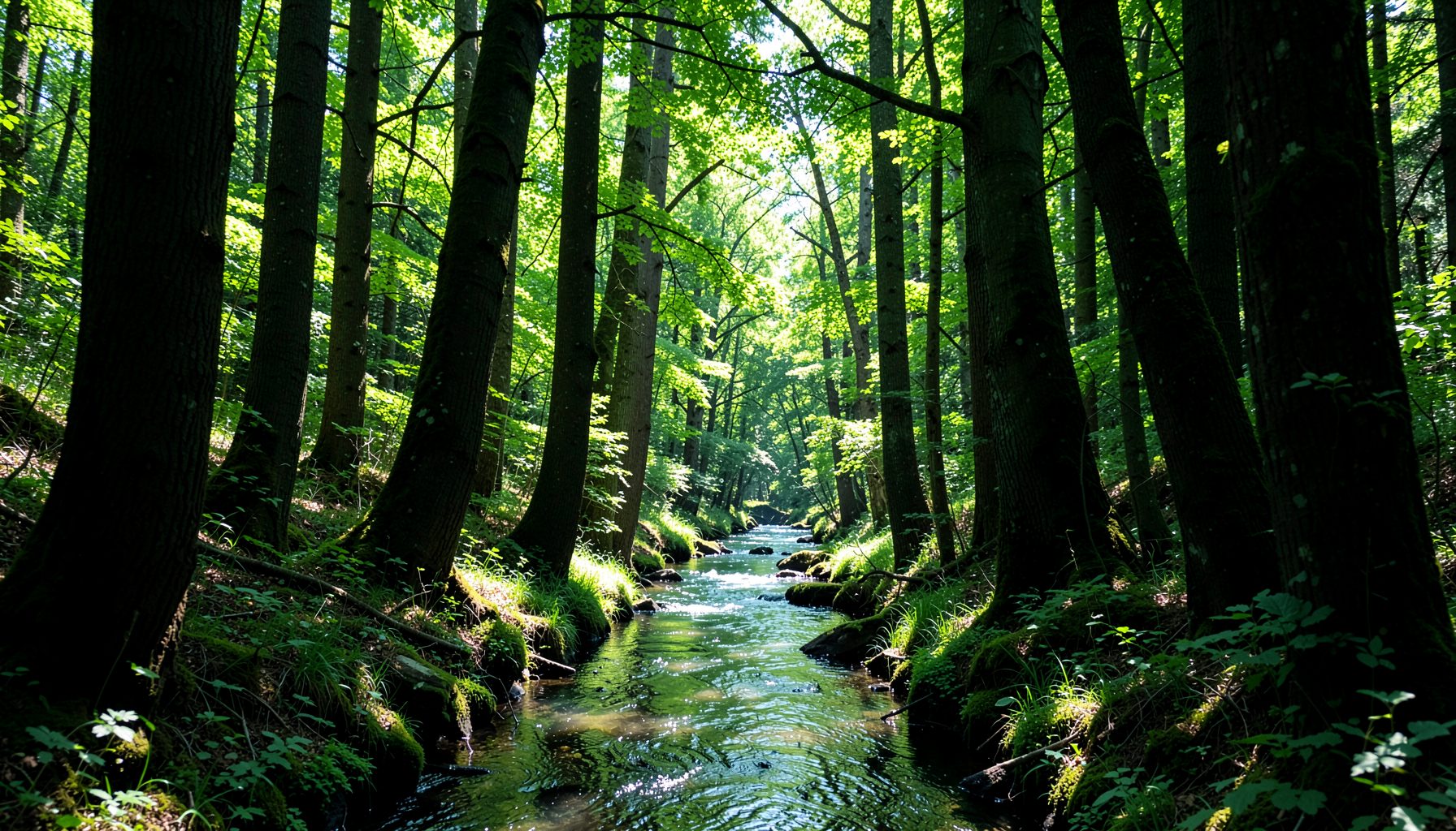 Sunlit forest with a small stream running through dark tree trunks and bright green canopy, serene mood