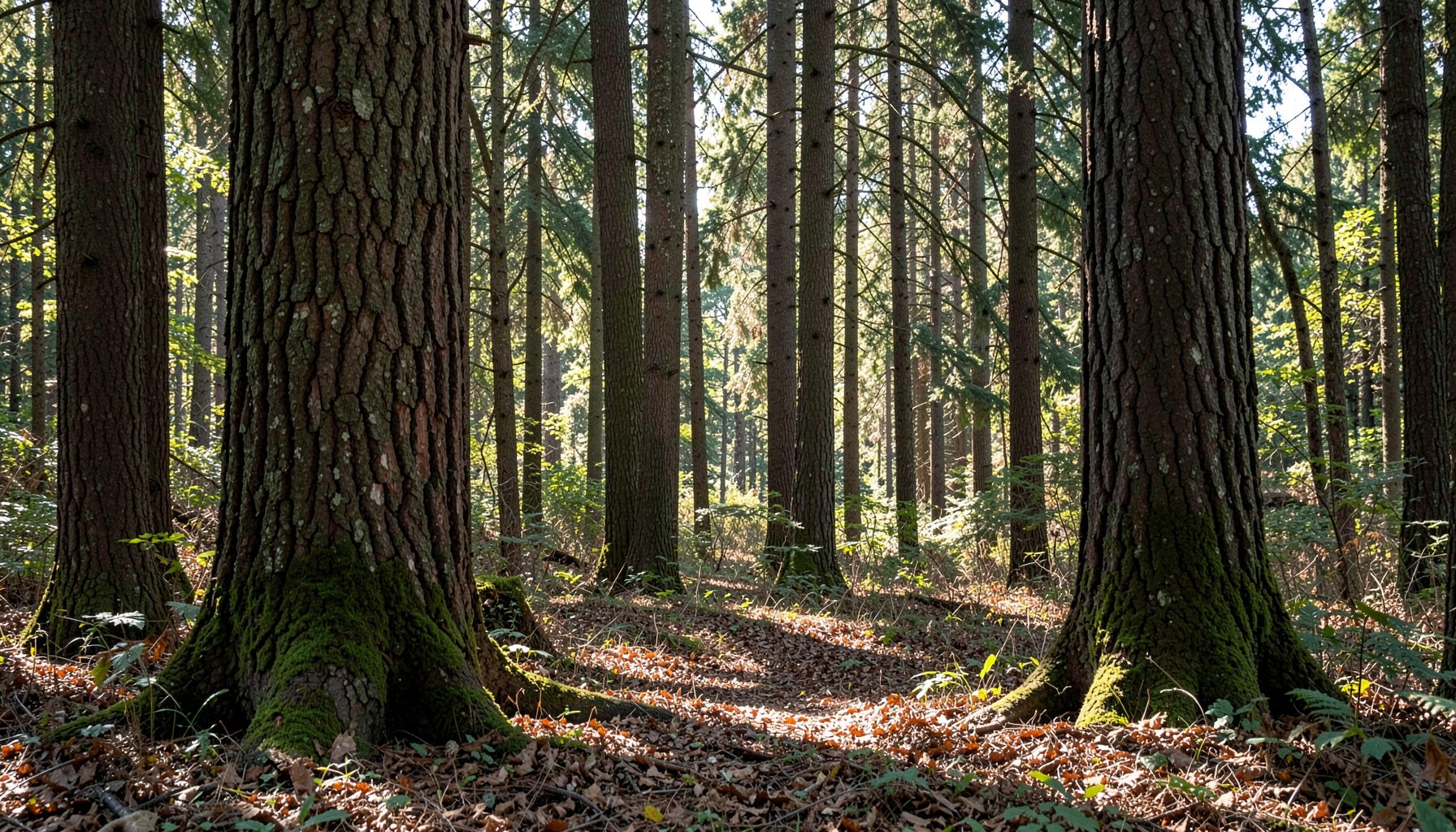 Sunlit forest with tall tree trunks and dappled light on leaf-covered ground, quiet natural mood